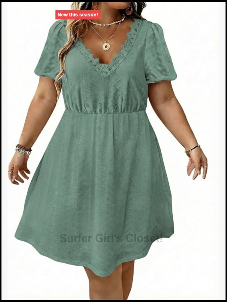 Plus Size Short Sleeve Lace V Neck Knitted Jacquard Swing A Line Dress